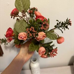 Elegant Faux Floral Arrangement with Orange Coral Pink and Green Accents